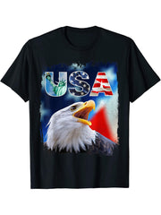 Bald Eagle 4th of July Christmas American Flag Country T-Shirt 180G 100% Cotton Printed Round Neck Short-Sleeve T-Shirt, Gifts for Men Dad Husband Grandpa, S-XXXL, Black
