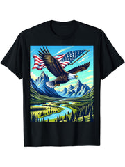 Bald Eagle Over National Park With Flag T-Shirt 180G 100% Cotton Printed Round Neck Short-Sleeve T-Shirt, Gifts for Men Dad Husband Grandpa, S-XXXL, Black