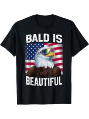 Bald Eagle Bald Is Beautiful 4th of July Independence Day T-Shirt 180G 100% Cotton Printed Round Neck Short-Sleeve T-Shirt, Gifts for Men Dad Husband Grandpa, S-XXXL, Black
