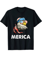 4th Of July Merica Bald Eagle T-Shirt 180G 100% Cotton Printed Round Neck Short-Sleeve T-Shirt, Gifts for Men Dad Husband Grandpa, S-XXXL, Black