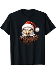American Bald Eagle Wearing A Red Christmas Santa Hat T-Shirt 180G 100% Cotton Printed Round Neck Short-Sleeve T-Shirt, Gifts for Men Dad Husband Grandpa, S-XXXL, Black