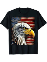 Bald Eagle On American Flag 4th of July T-Shirt 180G 100% Cotton Printed Round Neck Short-Sleeve T-Shirt, Gifts for Men Dad Husband Grandpa, S-XXXL, Black