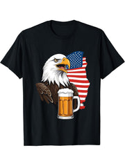 Funny Bald Eagle With Beer Mug Celebrate Freedom T-Shirt 180G 100% Cotton Printed Round Neck Short-Sleeve T-Shirt, Gifts for Men Dad Husband Grandpa, S-XXXL, Black