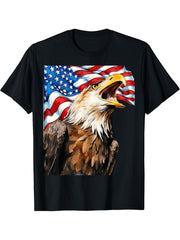 American Bald Eagle with American Flag background T-Shirt 180G 100% Cotton Printed Round Neck Short-Sleeve T-Shirt, Gifts for Men Dad Husband Grandpa, S-XXXL, Black