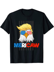 Mericaw Funny Bald Eagle 4th of July Trump American Flag T-Shirt 180G 100% Cotton Printed Round Neck Short-Sleeve T-Shirt, Gifts for Men Dad Husband Grandpa, S-XXXL, Black