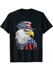 Bald Eagle Proud Patriotic American US Flag 4th Of July T-Shirt 180G 100% Cotton Printed Round Neck Short-Sleeve T-Shirt, Gifts for Men Dad Husband Grandpa, S-XXXL, Black