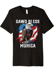 Gawd Bless Murica American Bald Eagle Funny America Premium T-Shirt 180G 100% Cotton Printed Round Neck Short-Sleeve T-Shirt, Gifts for Men Dad Husband Grandpa, S-XXXL, Black