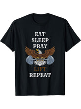 Eat Sleep Pray Lift Repeat Bald Eagle USA Flag T-Shirt 180G 100% Cotton Printed Round Neck Short-Sleeve T-Shirt, Gifts for Men Dad Husband Grandpa, S-XXXL, Black