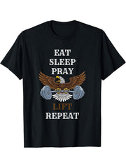 Eat Sleep Pray Lift Repeat Bald Eagle USA Flag T-Shirt 180G 100% Cotton Printed Round Neck Short-Sleeve T-Shirt, Gifts for Men Dad Husband Grandpa, S-XXXL, Black