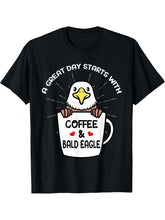 Coffee And Bald Eagle Bird Birding Birder Bird Watching T-Shirt 180G 100% Cotton Printed Round Neck Short-Sleeve T-Shirt, Gifts for Men Dad Husband Grandpa, S-XXXL, Black