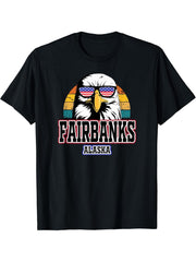 Fairbanks Alaska USA Flag Men Women Boy Girl Bald Eagle Alaskan T-Shirt 180G 100% Cotton Printed Round Neck Short-Sleeve T-Shirt, Gifts for Men Dad Husband Grandpa, S-XXXL, Black