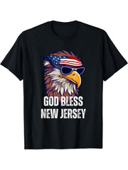God Bless New Jersey - Patriotic Bald Eagle American Flag T-Shirt 180G 100% Cotton Printed Round Neck Short-Sleeve T-Shirt, Gifts for Men Dad Husband Grandpa, S-XXXL, Black