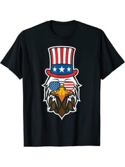 Bald Eagle Uncle Sam Hat American Flag 4th of July Patriotic T-Shirt 180G 100% Cotton Printed Round Neck Short-Sleeve T-Shirt, Gifts for Men Dad Husband Grandpa, S-XXXL, Black