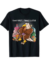 Food First Things Later Foodie Nerd Geek Pizza Bald Eagle T-Shirt 180G 100% Cotton Printed Round Neck Short-Sleeve T-Shirt, Gifts for Men Dad Husband Grandpa, S-XXXL, Black