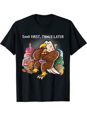 Food First Things Later Foodie Nerd Geek Pizza Bald Eagle T-Shirt 180G 100% Cotton Printed Round Neck Short-Sleeve T-Shirt, Gifts for Men Dad Husband Grandpa, S-XXXL, Black