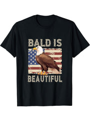 Bald Is Beautiful 4th of July Independence Day Bald Eagle T-Shirt 180G 100% Cotton Printed Round Neck Short-Sleeve T-Shirt, Gifts for Men Dad Husband Grandpa, S-XXXL, Black