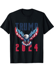 Bald Eagle Trump 2024 Election Support USA Freedom T-Shirt 180G 100% Cotton Printed Round Neck Short-Sleeve T-Shirt, Gifts for Men Dad Husband Grandpa, S-XXXL, Black
