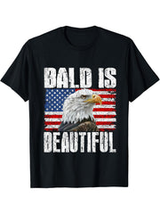Bald Is Beautiful 4th of July Independence Day Bald Eagle T-Shirt 180G 100% Cotton Printed Round Neck Short-Sleeve T-Shirt, Gifts for Men Dad Husband Grandpa, S-XXXL, Black