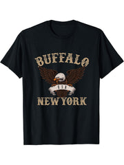Buffalo New York USA Bald Eagle T-Shirt 180G 100% Cotton Printed Round Neck Short-Sleeve T-Shirt, Gifts for Men Dad Husband Grandpa, S-XXXL, Black
