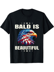 Bald Is Beautiful 4th of July Independence Day Bald Eagle T-Shirt 180G 100% Cotton Printed Round Neck Short-Sleeve T-Shirt, Gifts for Men Dad Husband Grandpa, S-XXXL, Black