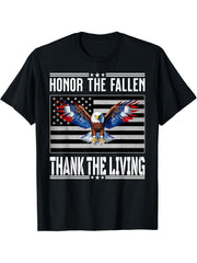 Honor The Fallen Thank The Living Memorial Day Bald Eagle US T-Shirt 180G 100% Cotton Printed Round Neck Short-Sleeve T-Shirt, Gifts for Men Dad Husband Grandpa, S-XXXL, Black