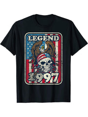 Birthday Legend 1997 Bald Eagle Skull American Flag USA T-Shirt 180G 100% Cotton Printed Round Neck Short-Sleeve T-Shirt, Gifts for Men Dad Husband Grandpa, S-XXXL, Black