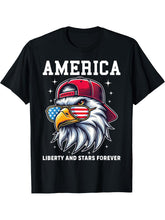 America Liberty & Stars Forever US Flag Cool Bald Eagle USA T-Shirt 180G 100% Cotton Printed Round Neck Short-Sleeve T-Shirt, Gifts for Men Dad Husband Grandpa, S-XXXL, Black