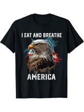 I Eat and Breathe America American Bald Eagle Patriotic T-Shirt 180G 100% Cotton Printed Round Neck Short-Sleeve T-Shirt, Gifts for Men Dad Husband Grandpa, S-XXXL, Black