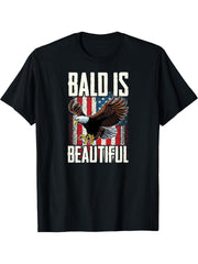 American Flag Bald Is Beautiful Patriotic Bald Guy Eagle T-Shirt 180G 100% Cotton Printed Round Neck Short-Sleeve T-Shirt, Gifts for Men Dad Husband Grandpa, S-XXXL, Black
