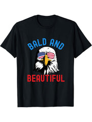 Bald and Beautiful Funny Fourth of July Patriotic bald eagle T-Shirt 180G 100% Cotton Printed Round Neck Short-Sleeve T-Shirt, Gifts for Men Dad Husband Grandpa, S-XXXL, Black