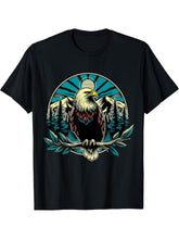American Bald Eagle Mountains Wildness 4th of July T-Shirt 180G 100% Cotton Printed Round Neck Short-Sleeve T-Shirt, Gifts for Men Dad Husband Grandpa, S-XXXL, Black