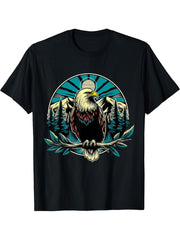 American Bald Eagle Mountains Wildness 4th of July T-Shirt 180G 100% Cotton Printed Round Neck Short-Sleeve T-Shirt, Gifts for Men Dad Husband Grandpa, S-XXXL, Black