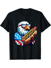 4th Of July Bald Eagle Hotdog American Flag Patriotic T-Shirt 180G 100% Cotton Printed Round Neck Short-Sleeve T-Shirt, Gifts for Men Dad Husband Grandpa, S-XXXL, Black