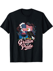 4th of July Patriotic Bald Eagle Grilling Pride Flag USA T-Shirt 180G 100% Cotton Printed Round Neck Short-Sleeve T-Shirt, Gifts for Men Dad Husband Grandpa, S-XXXL, Black