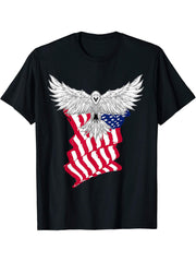 4th of July Bald Eagle Tshirt | Patriotic Eagle Waving Flag 180G 100% Cotton Printed Round Neck Short-Sleeve T-Shirt, Gifts for Men Dad Husband Grandpa, S-XXXL, Black