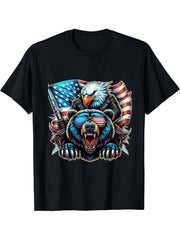 American Bald Eagle and Bear with USA Flag 4th of July T-Shirt 180G 100% Cotton Printed Round Neck Short-Sleeve T-Shirt, Gifts for Men Dad Husband Grandpa, S-XXXL, Black