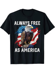 Always Free as America American Bald Eagle USA Flag T-Shirt 180G 100% Cotton Printed Round Neck Short-Sleeve T-Shirt, Gifts for Men Dad Husband Grandpa, S-XXXL, Black