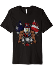 American Flag Muscular Bald Eagle Bike Flexing Uncle Sam Premium T-Shirt 180G 100% Cotton Printed Round Neck Short-Sleeve T-Shirt, Gifts for Men Dad Husband Grandpa, S-XXXL, Black