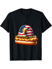 Funny Patriotic Bald Eagle Hotdog American Flag 4th Of July T-Shirt 180G 100% Cotton Printed Round Neck Short-Sleeve T-Shirt, Gifts for Men Dad Husband Grandpa, S-XXXL, Black