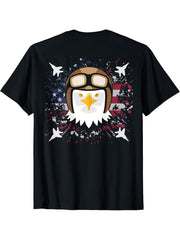 Bald Eagle Jet Fighter Pilot Clipart Graphic US Flag On Back T-Shirt 180G 100% Cotton Printed Round Neck Short-Sleeve T-Shirt, Gifts for Men Dad Husband Grandpa, S-XXXL, Black