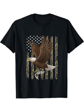 American Bald Eagle American Flag Camouflage Fishing Hunting T-Shirt 180G 100% Cotton Printed Round Neck Short-Sleeve T-Shirt, Gifts for Men Dad Husband Grandpa, S-XXXL, Black