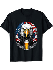 Funny Patriotic Bald Eagle With Beer Mug T-Shirt 180G 100% Cotton Printed Round Neck Short-Sleeve T-Shirt, Gifts for Men Dad Husband Grandpa, S-XXXL, Black