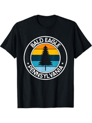 Bald Eagle Pennsylvania PA USA City Pride Retro Sunset T-Shirt 180G 100% Cotton Printed Round Neck Short-Sleeve T-Shirt, Gifts for Men Dad Husband Grandpa, S-XXXL, Black
