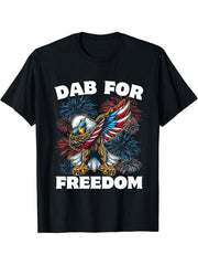 Dab For Freedom 4th Of July Dabbing Bald Eagle American Flag T-Shirt 180G 100% Cotton Printed Round Neck Short-Sleeve T-Shirt, Gifts for Men Dad Husband Grandpa, S-XXXL, Black
