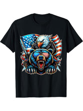 American Bald Eagle and Bear with USA Flag 4th of July T-Shirt 180G 100% Cotton Printed Round Neck Short-Sleeve T-Shirt, Gifts for Men Dad Husband Grandpa, S-XXXL, Black