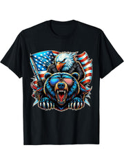 American Bald Eagle and Bear with USA Flag 4th of July T-Shirt 180G 100% Cotton Printed Round Neck Short-Sleeve T-Shirt, Gifts for Men Dad Husband Grandpa, S-XXXL, Black