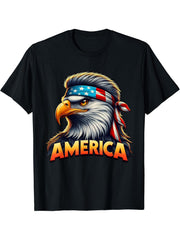 4th of July America USA Flag Bald Eagle Patriotic Veteran T-Shirt 180G 100% Cotton Printed Round Neck Short-Sleeve T-Shirt, Gifts for Men Dad Husband Grandpa, S-XXXL, Black