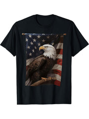 American Flag 4th Of July USA Patriotic Bald Eagle Dog Lover T-Shirt 180G 100% Cotton Printed Round Neck Short-Sleeve T-Shirt, Gifts for Men Dad Husband Grandpa, S-XXXL, Black