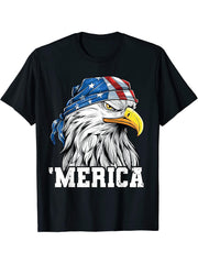 4th of July Shirt Men USA Flag Bald Eagle Patriotic Merica T-Shirt 180G 100% Cotton Printed Round Neck Short-Sleeve T-Shirt, Gifts for Men Dad Husband Grandpa, S-XXXL, Black