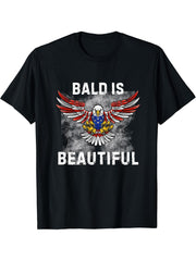 Funny Bald Is Beautiful Patriotic Eagle National Bird T-Shirt 180G 100% Cotton Printed Round Neck Short-Sleeve T-Shirt, Gifts for Men Dad Husband Grandpa, S-XXXL, Black